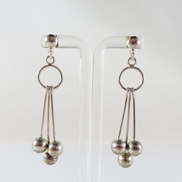 Artisan Modernist Ball & Rod Dangling Earring Set Hand Worked  Sterling Silver P - Picture 1 of 8